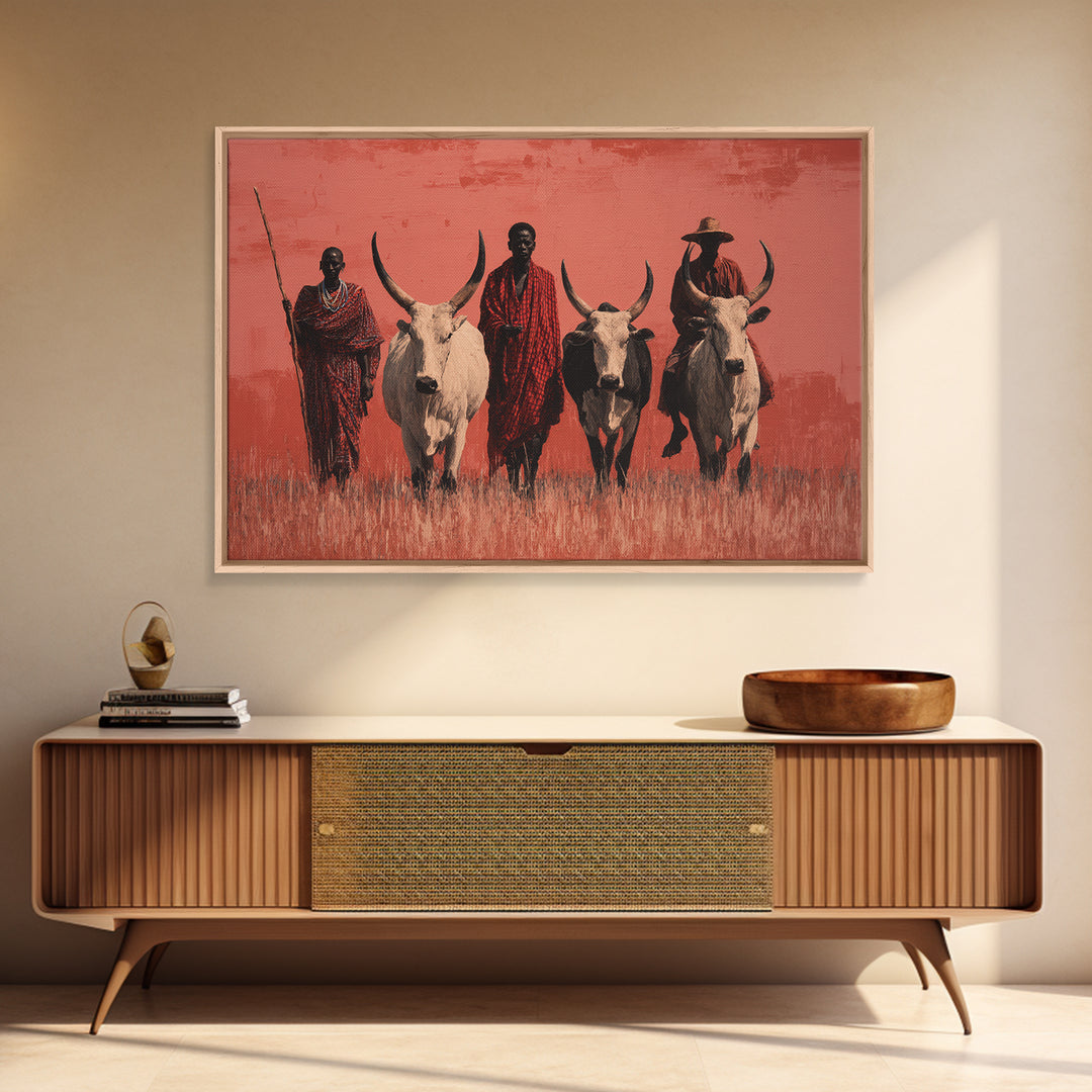 Maasai Warriors With White Cattle Framed Canvas Print, African Safari Art, Tribal Art Decor, Cultural Wall Art, Statement Decor