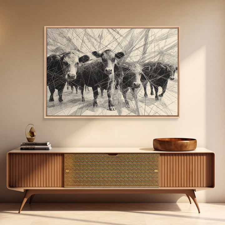 Black And White Abstract Cattle Drawing Canvas Print, African Animal Art, Modern African Art, Ethnic Wall Decor, Minimalist Poster