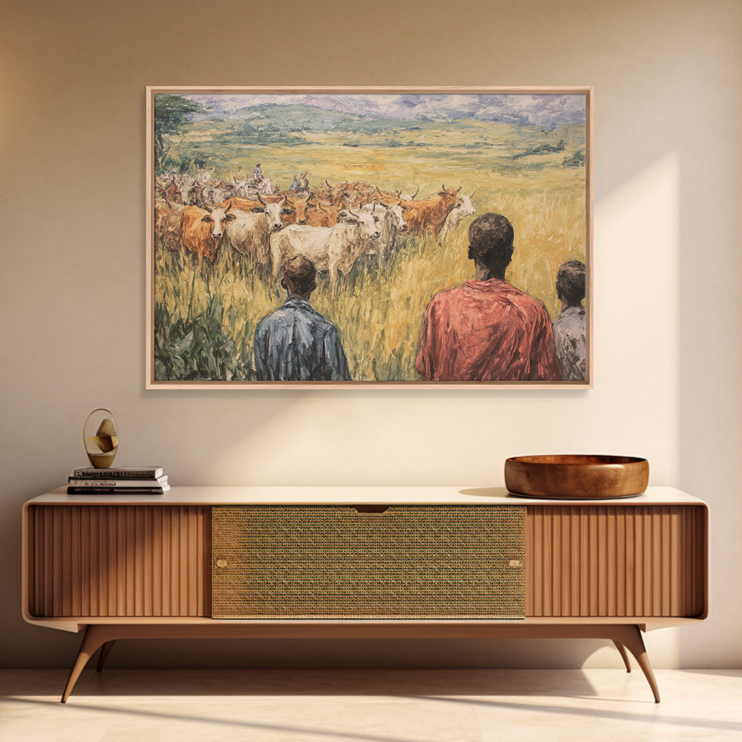 Pastoral African Cattle Herd Landscape Wall Art, African Painting, Safari Art, Cultural Home Decor, Living Room Decor, Gift