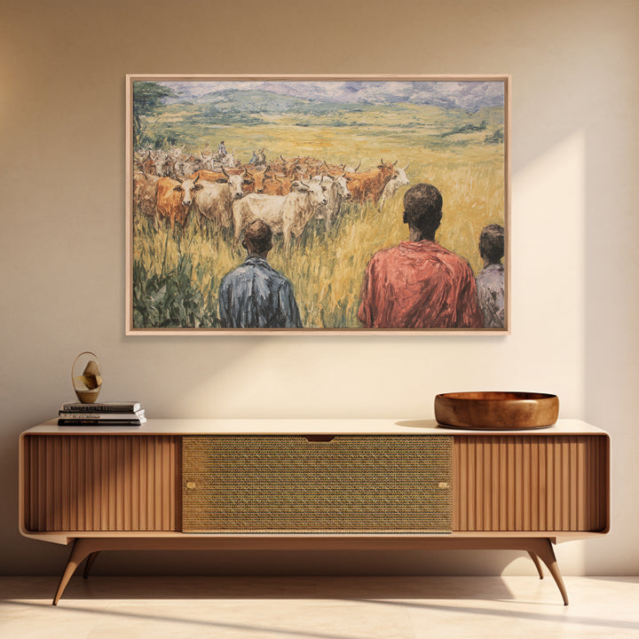 Pastoral African Cattle Herd Landscape Wall Art, African Painting, Safari Art, Cultural Home Decor, Living Room Decor, Gift