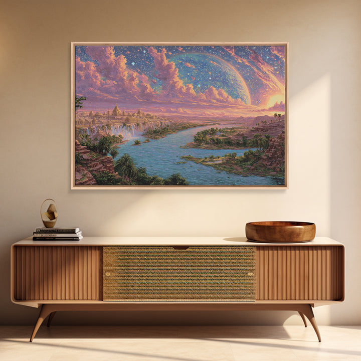 Ancient Nile River Temple Under Cosmic Sky Framed Canvas Print, African Egyptian Art, Fantasy Landscape, Luxury Canvas Art