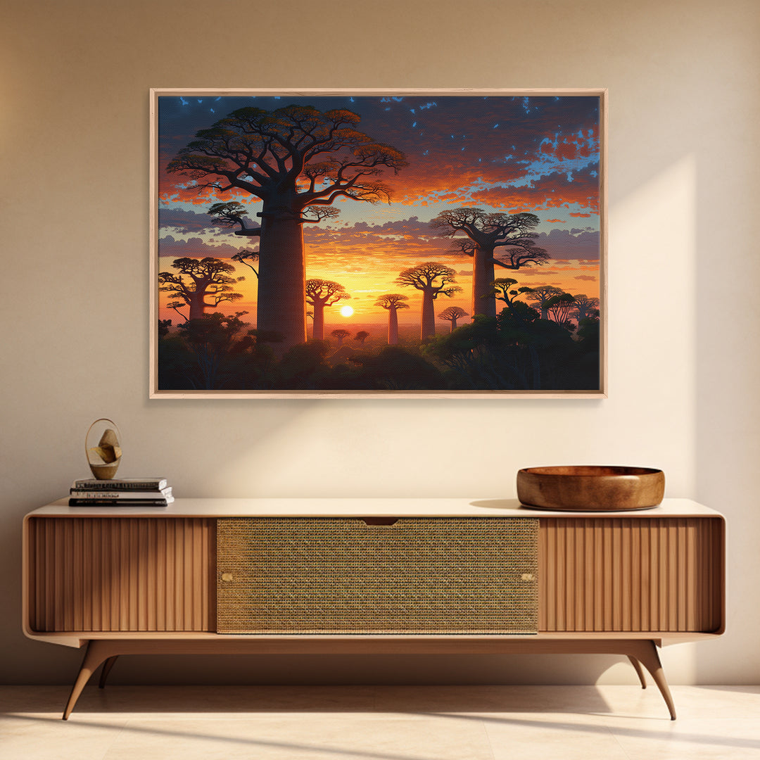 Majestic Baobab Forest At Sunset Framed Canvas Print, African Landscape, Serengeti Wall Art, Jungle Decor, Statement Wall Piece