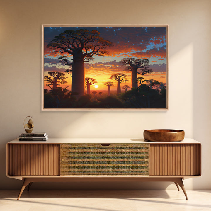 Majestic Baobab Forest At Sunset Framed Canvas Print, African Landscape, Serengeti Wall Art, Jungle Decor, Statement Wall Piece