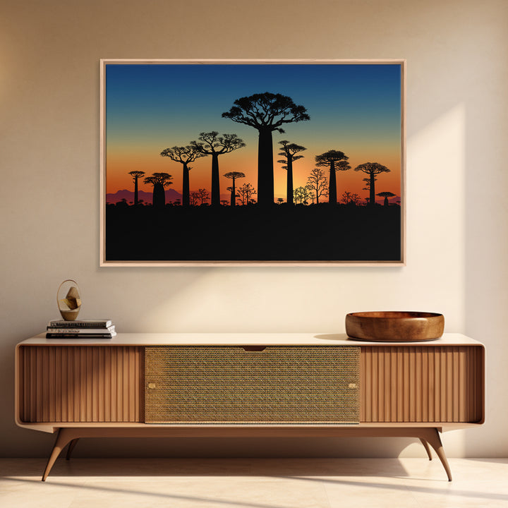 Baobab Tree Silhouettes At Blue Dusk Canvas Print, Madagascar Wall Art, African Tree, Minimalist Wall Art, Safari Decor, Office Decor