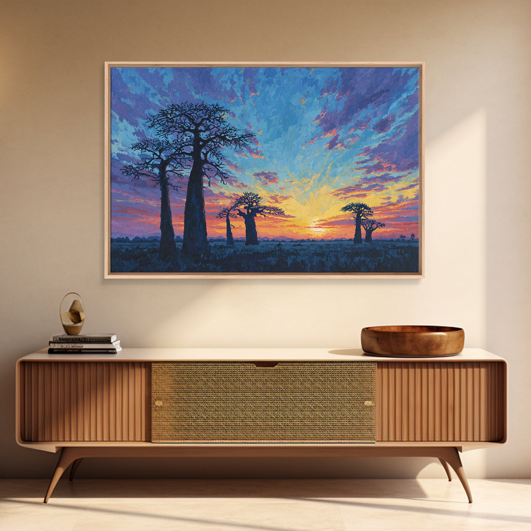 Painterly Blue Baobab Sunset Landscape Wall Art, African Landscape, Dreamy Wall Art, Modern Canvas Art, Colorful Wall Decor
