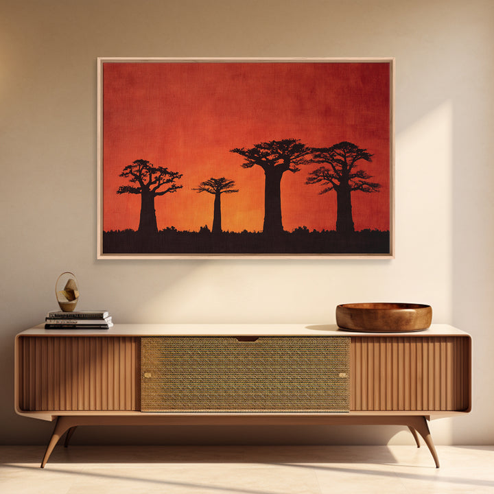 Red Orange Baobab Silhouette Horizon Canvas Print, African Tree, Burnt Orange Art, Boho Wall Decor, Rustic Decor, Home Decor