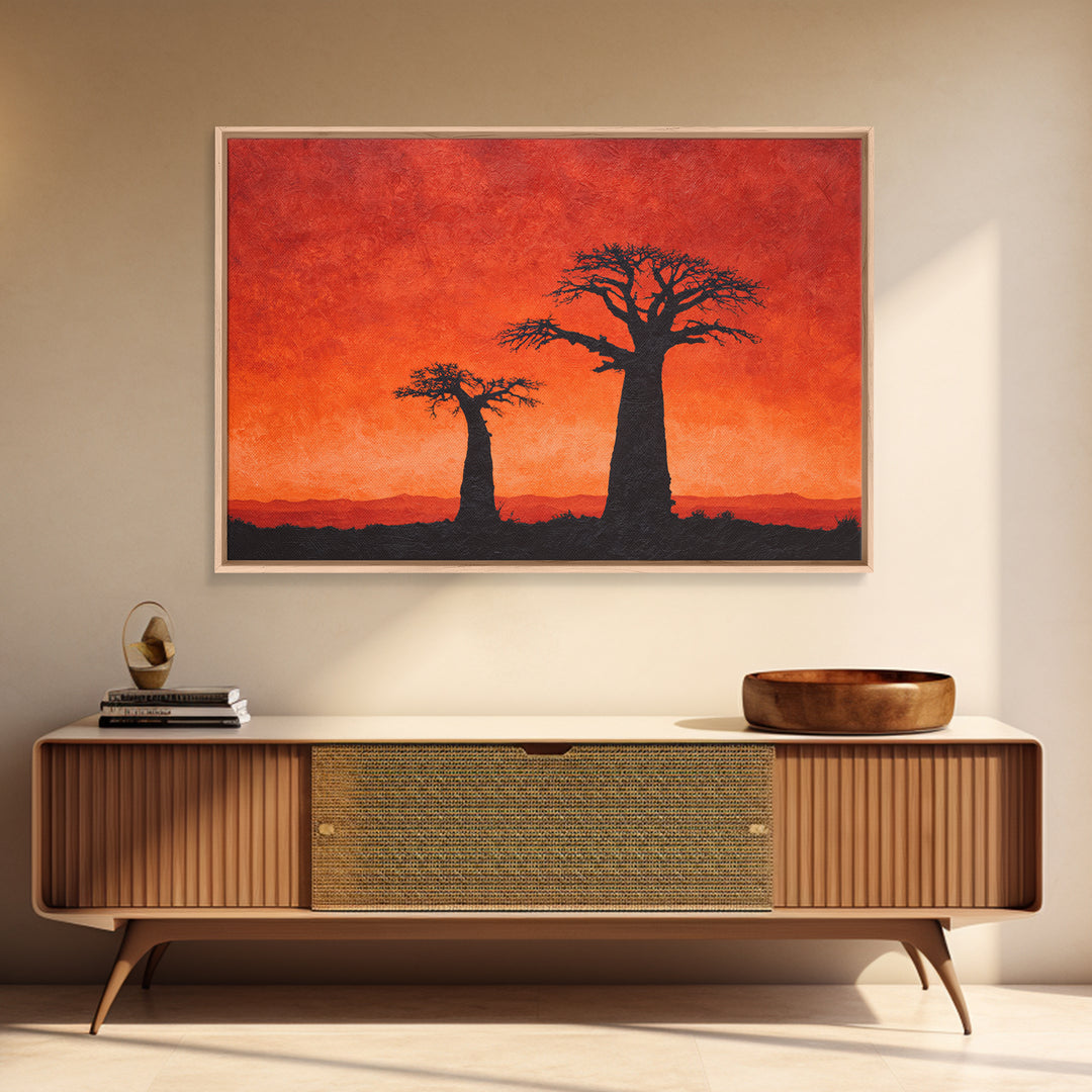 Baobab Tree Silhouettes At Fiery Sunset Wall Art, African Landscape, Safari Decor, Burnt Orange Art Print, Living Room Decor