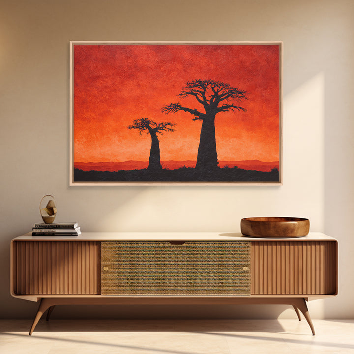 Baobab Tree Silhouettes At Fiery Sunset Wall Art, African Landscape, Safari Decor, Burnt Orange Art Print, Living Room Decor