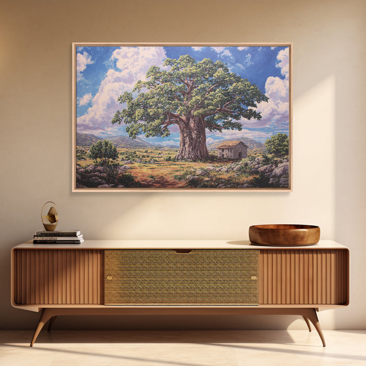 Ancient Baobab Beside Rustic Hut Framed Canvas Print, African Landscape, Cultural Wall Art, Earth Tone Decor, Housewarming Gift