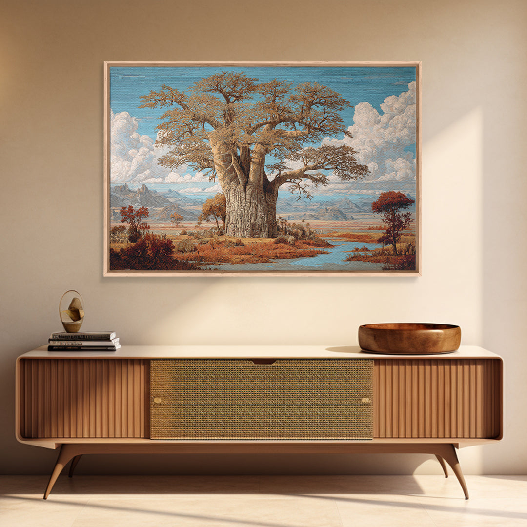 Monumental Baobab By River Plains Canvas Print, African Landscape, Safari Decor, Blue Wall Art, Elegant Home Decor Gift For Her