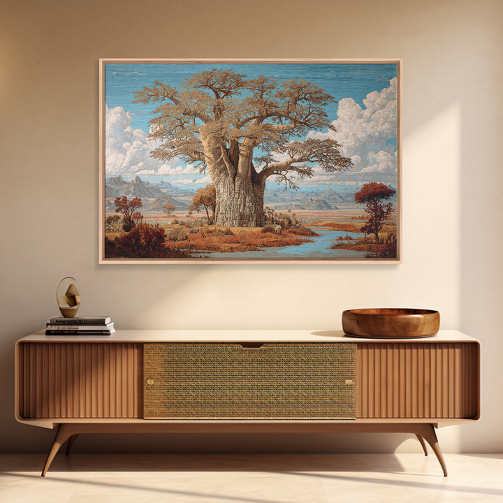 Monumental Baobab By River Plains Canvas Print, African Landscape, Safari Decor, Blue Wall Art, Elegant Home Decor Gift For Her