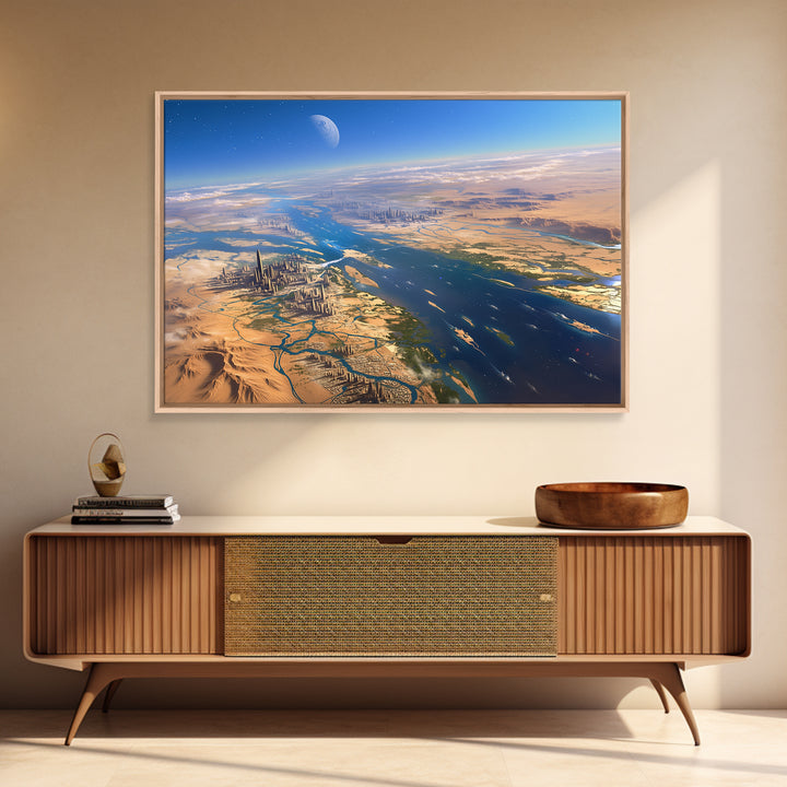 Futuristic Nile River Cities From Space Canvas Print, African Egyptian Art, Desert Landscape, Digital Wall Art, Modern Home Decor