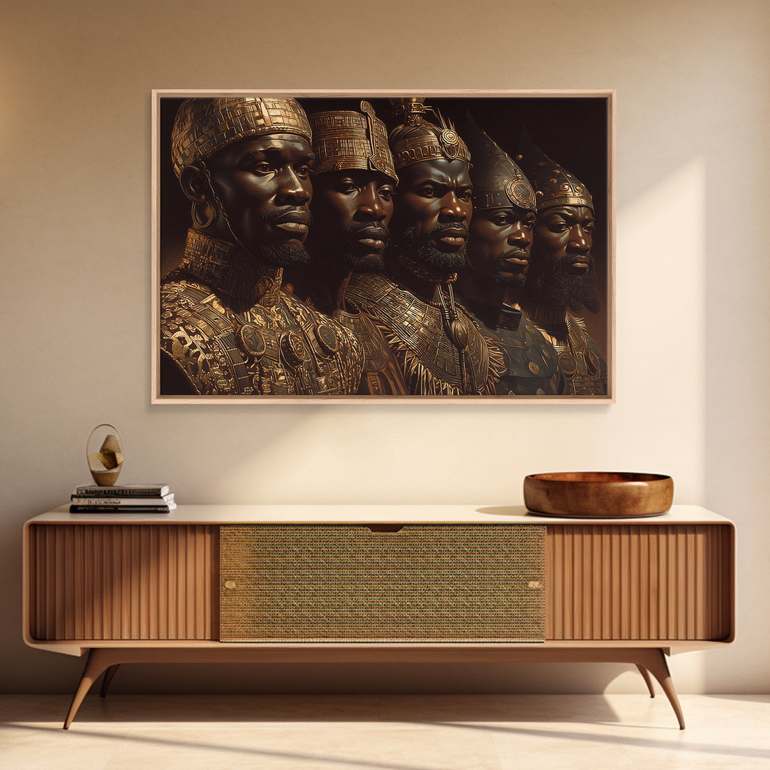 Golden African Kings Portrait Framed Canvas Print, African Warrior Art, Black History Art, Afrocentric Wall Decor Gift For Him