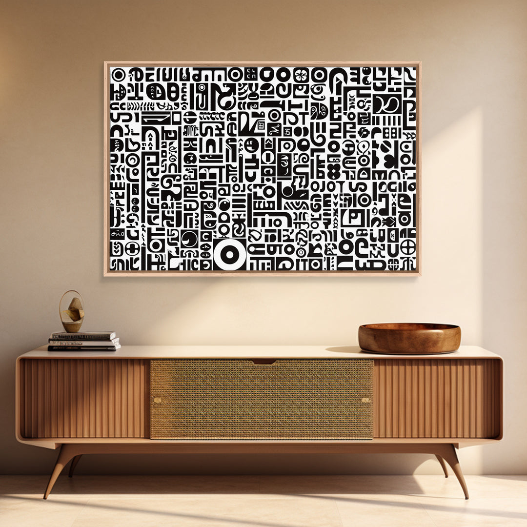 Black And White African Symbols Canvas Print, Abstract Ethnic Art, Tribal Pattern Wall Decor, Minimalist Office Art Gift