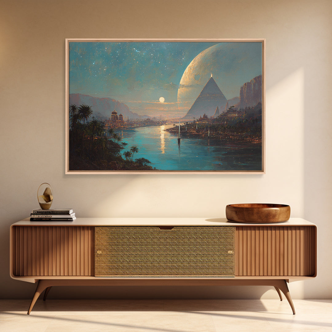 Dreamy Egyptian Pyramid River Wall Art, African Landscape, Ancient Egyptian Art Print, Fantasy Moonlit Home Decor Gift For Bedroom