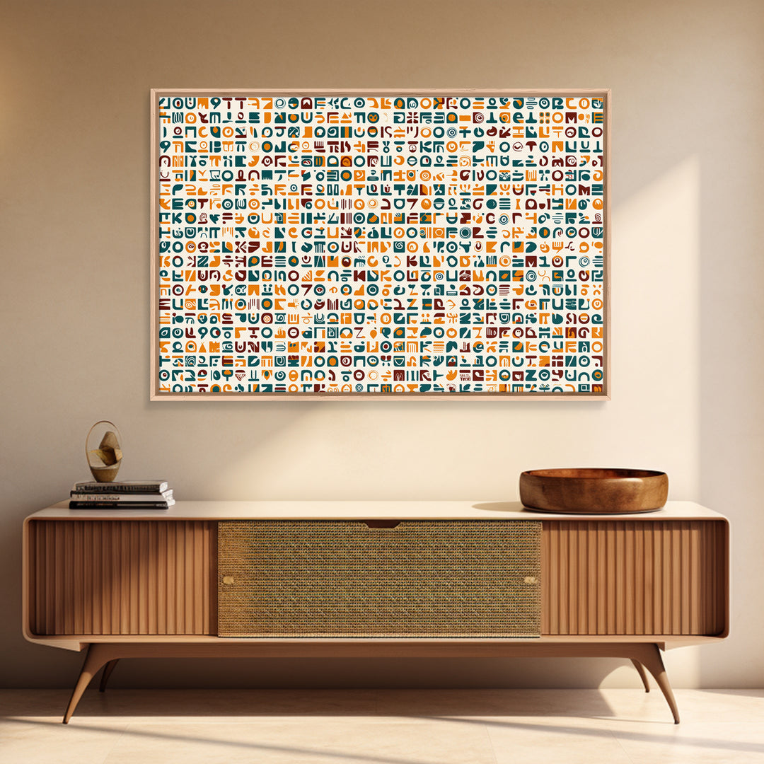 Teal And Orange African Symbol Pattern Canvas Print, Modern African Art Abstract, Cultural Wall Decor, Boho Office Art Gift
