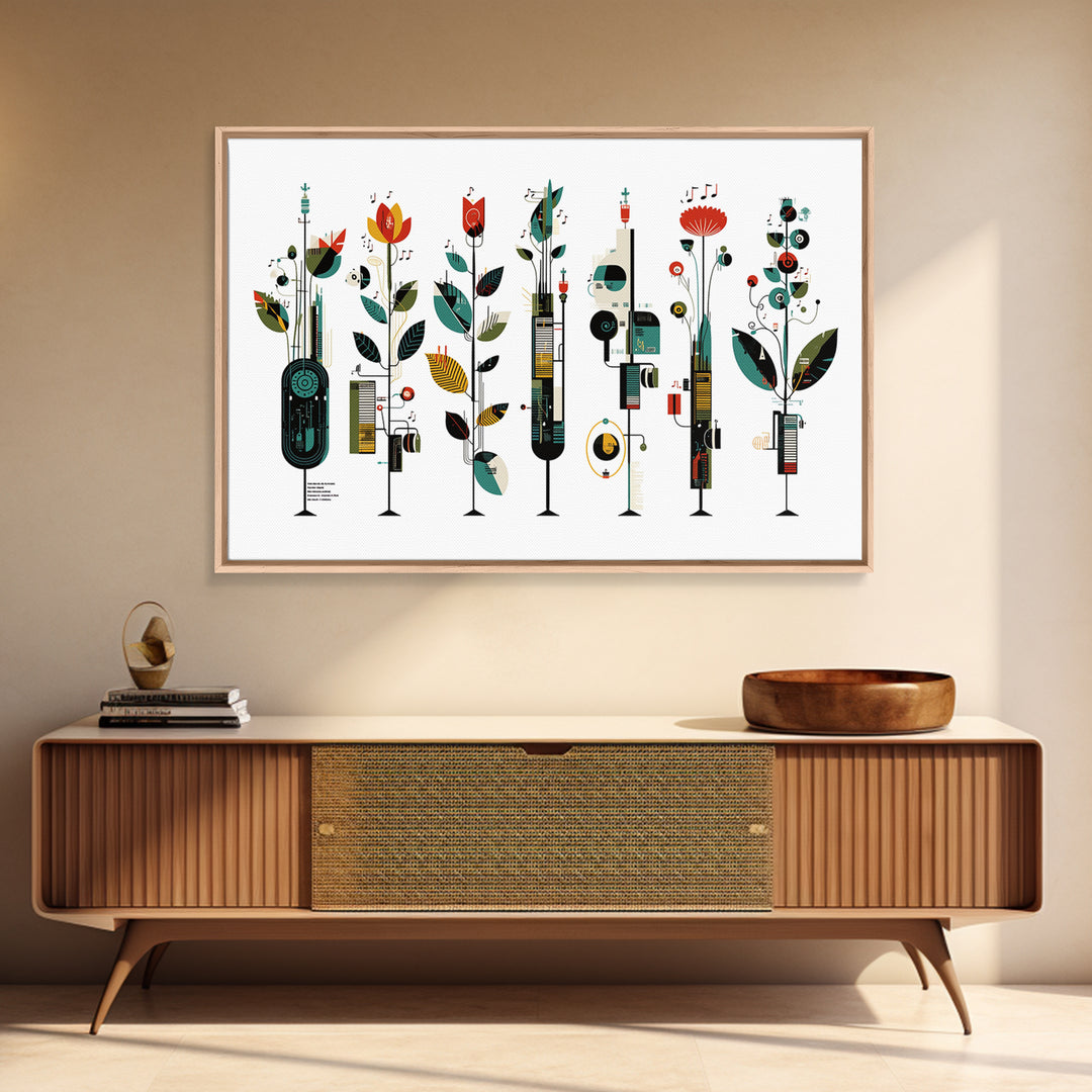 Musical Botanical Towers With Abstract Flowers Wall Art, Modern African Inspired Decor, Colorful Living Room Canvas Print