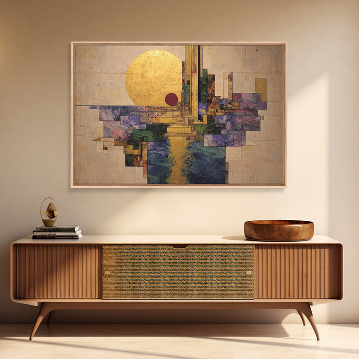 Golden Sun Geometric City Over Water Framed Canvas Print, African Abstract Wall Art, Luxury Modern Living Room Home Decor Gift