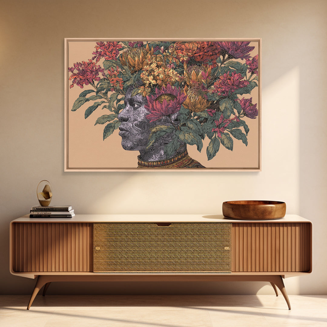 African Woman Profile With Protea Floral Crown Wall Art, Afrocentric Portrait Canvas Print, Black Beauty Home Decor Gift