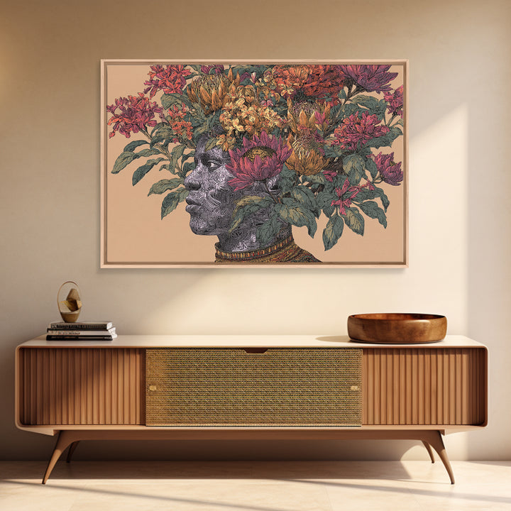 African Woman Profile With Protea Floral Crown Wall Art, Afrocentric Portrait Canvas Print, Black Beauty Home Decor Gift