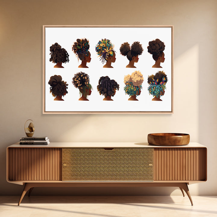 Black Women Natural Hairstyle Collection Wall Art, African Beauty Canvas Print, Salon Decor, Melanin Portrait Gift For Her