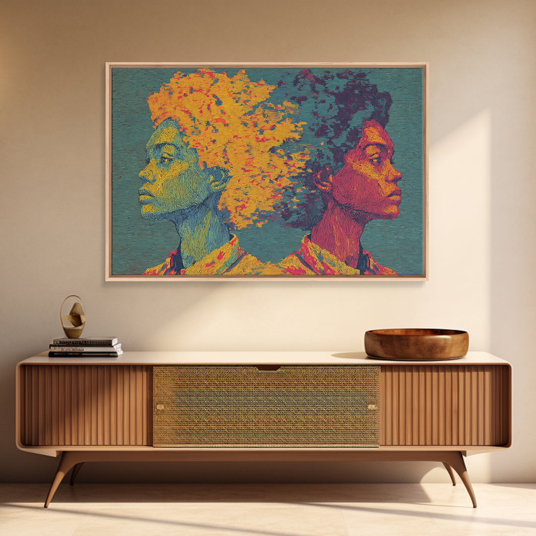 Vibrant Black Couple Opposing Profiles Wall Art, African Abstract Canvas Print, Textured Afrocentric Portrait Decor Gift