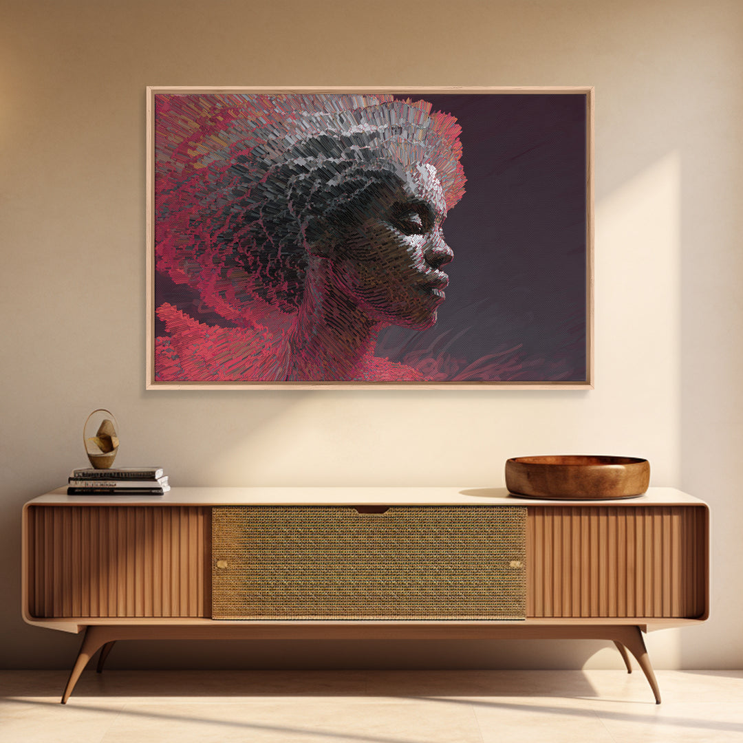 Mosaic Black Woman Profile In Red Shadows Wall Art, Abstract African Canvas Print, Contemporary Afrocentric Home Decor Gift
