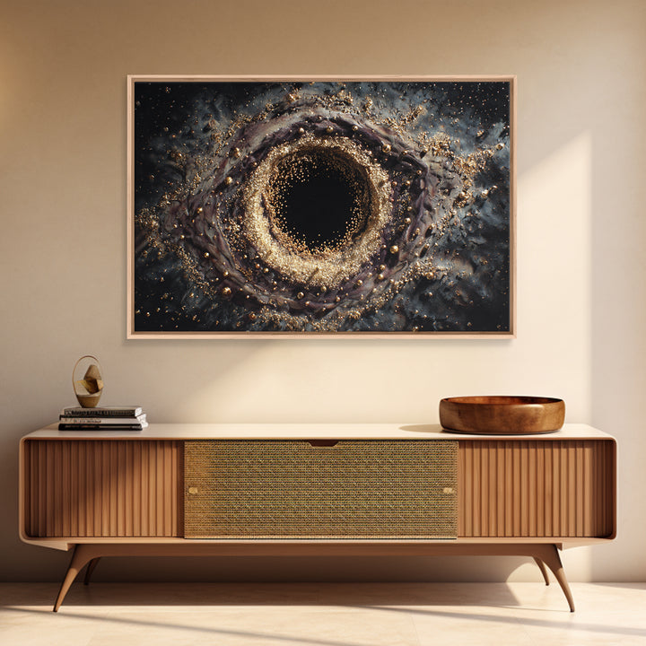 Glittering Black Hole Vortex Framed Canvas Print, Abstract Art, Black And Gold Art, Modern Wall Decor, Unique Home Decor