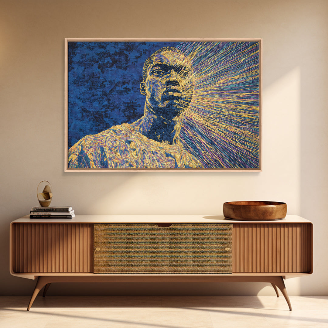 Radiant Black Man Portrait Wall Art, Afrocentric Art, Modern Black Art, Blue And Gold Canvas Print, Black Culture Art Decor