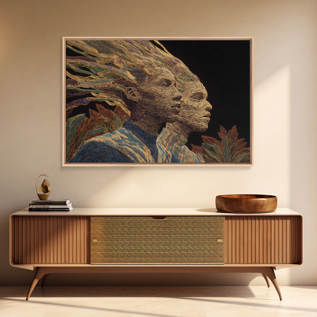 Surreal African Woman Double Portrait Canvas Print, African Women Art, Afrocentric Wall Art, Gold Textile Art, Elegant Decor