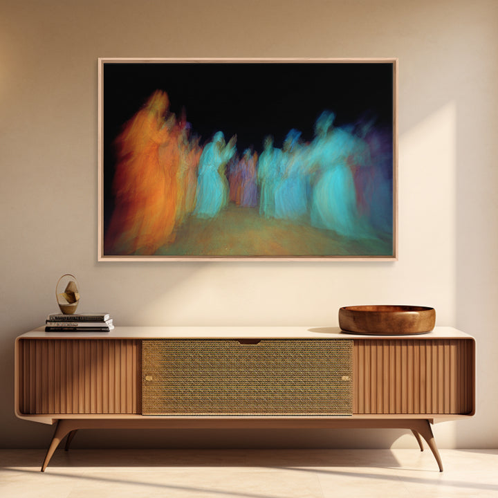 Blurred African Dancers In Orange And Teal Robes Wall Art, Afrocentric Culture Decor, Vibrant Tribal Canvas Print For Home Decor