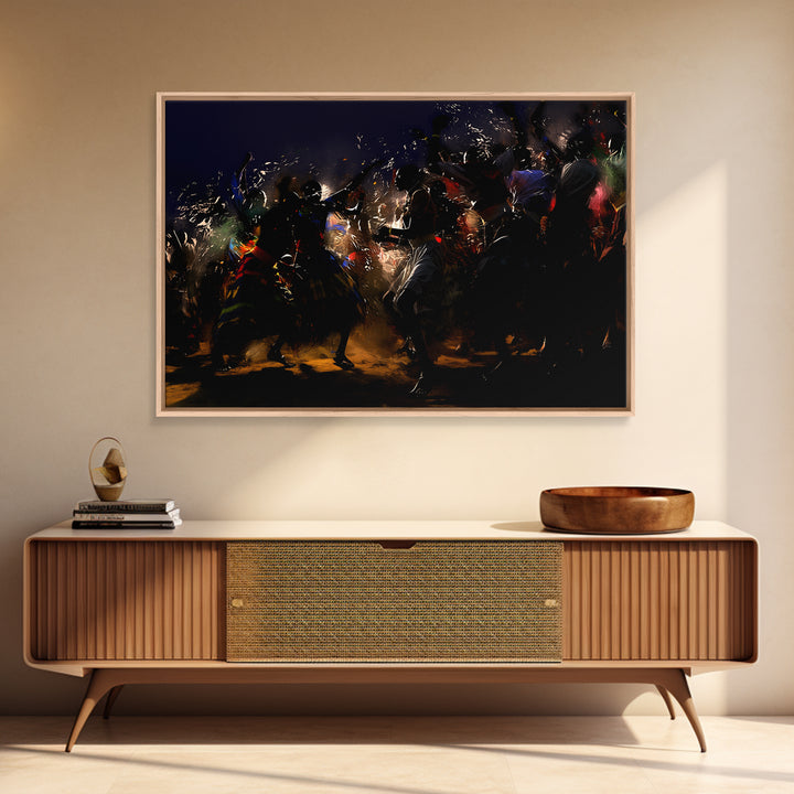 Dramatic African Warriors Dancing With Sparks Wall Art, Black Culture Art Decor, Mystical Tribal Canvas Print For Bold Rooms