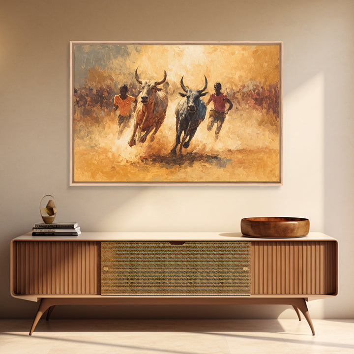 Dusty African Bull Race With Runners Canvas Print, Safari Culture Wall Art, Warm Earth Tone Decor For Living Room Gift Idea