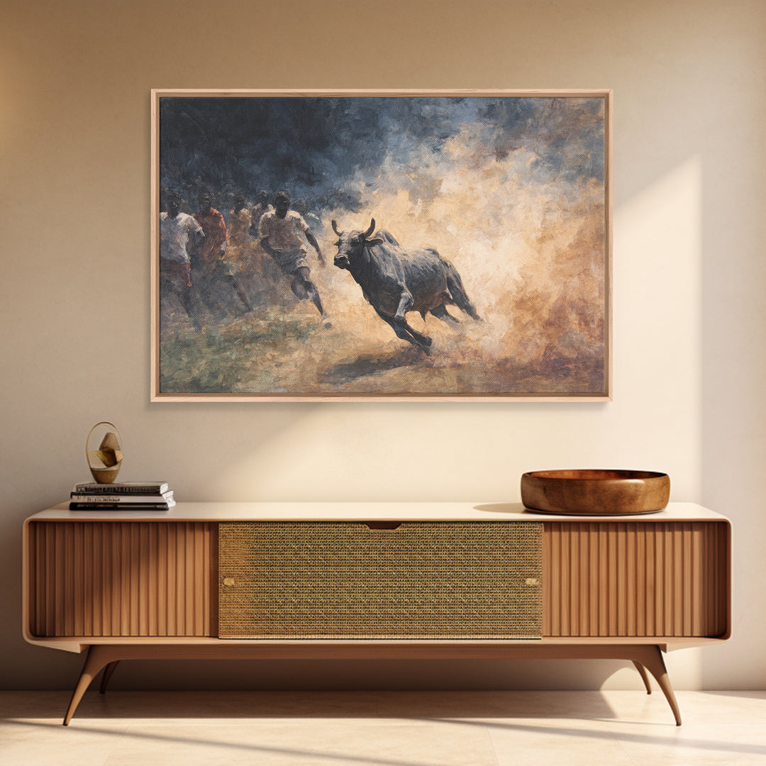 Charging Bull And Runners In Dusty Arena Wall Art, African Safari Art Decor, Dynamic Canvas Print For Bold Home Decor Gift
