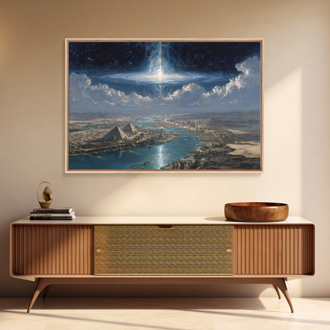 Cosmic Egyptian Pyramids Over Nile, Mystical African Wall Art, Spiritual Desert Landscape, Afrocentric Home Decor Gift Print