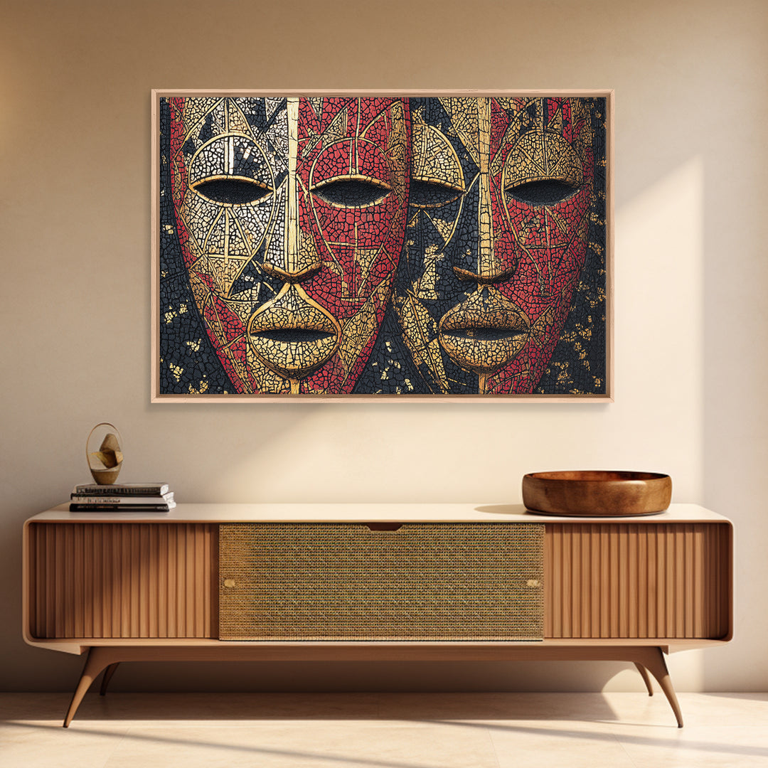Dual African Tribal Masks In Red Gold Mosaic, Framed Canvas Print, Afrocentric Mask Art, Bold Cultural Wall Decor For Home