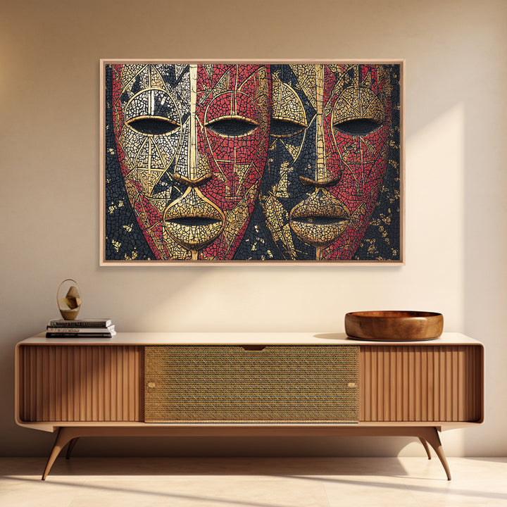 Dual African Tribal Masks In Red Gold Mosaic, Framed Canvas Print, Afrocentric Mask Art, Bold Cultural Wall Decor For Home