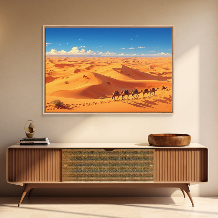Golden Sahara Dunes With Camel Caravan, African Wall Art, Desert Landscape Print, Travel Decor, Boho Living Room Gift Poster