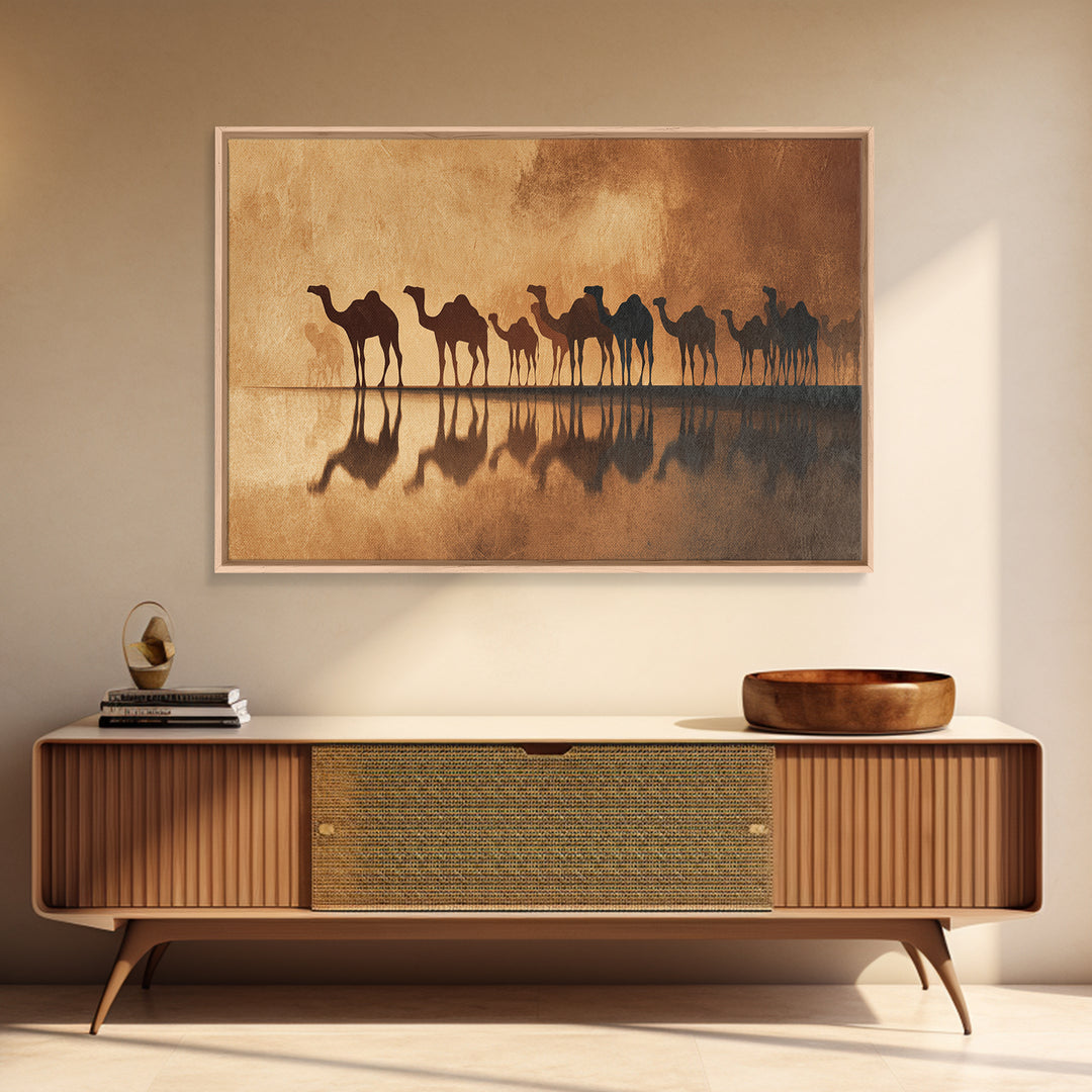 Sepia Camel Caravan Reflections At Dusk, Canvas Print, African Safari Art, Earth Tone Wall Decor, Desert Home Decor Gift