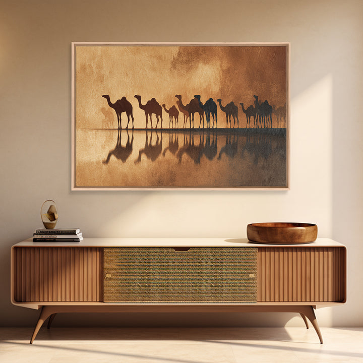 Sepia Camel Caravan Reflections At Dusk, Canvas Print, African Safari Art, Earth Tone Wall Decor, Desert Home Decor Gift