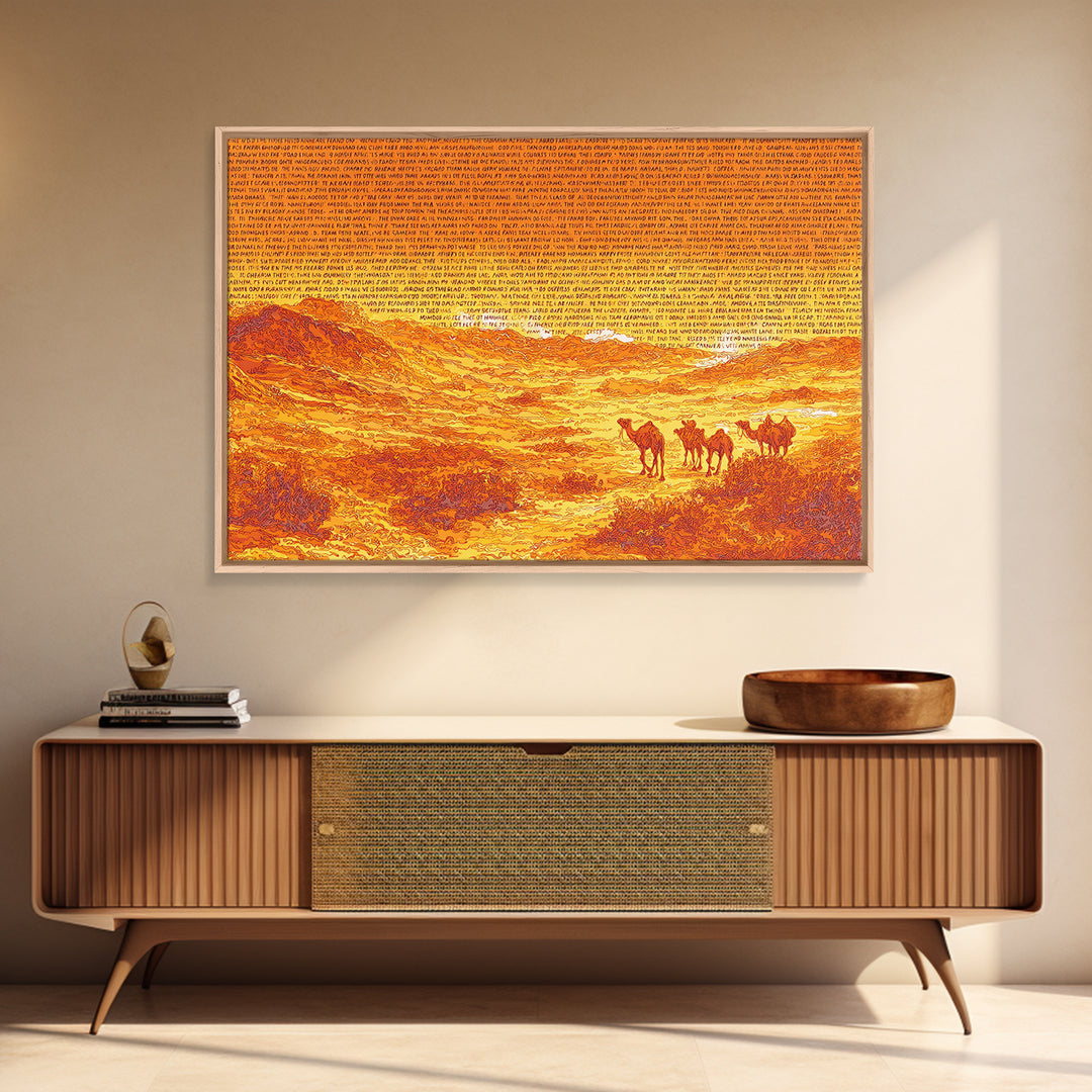 Orange Desert Camel Caravan With Text Texture, African Wall Art, Sahara Landscape Poster, Burnt Orange Boho Decor Gift Print