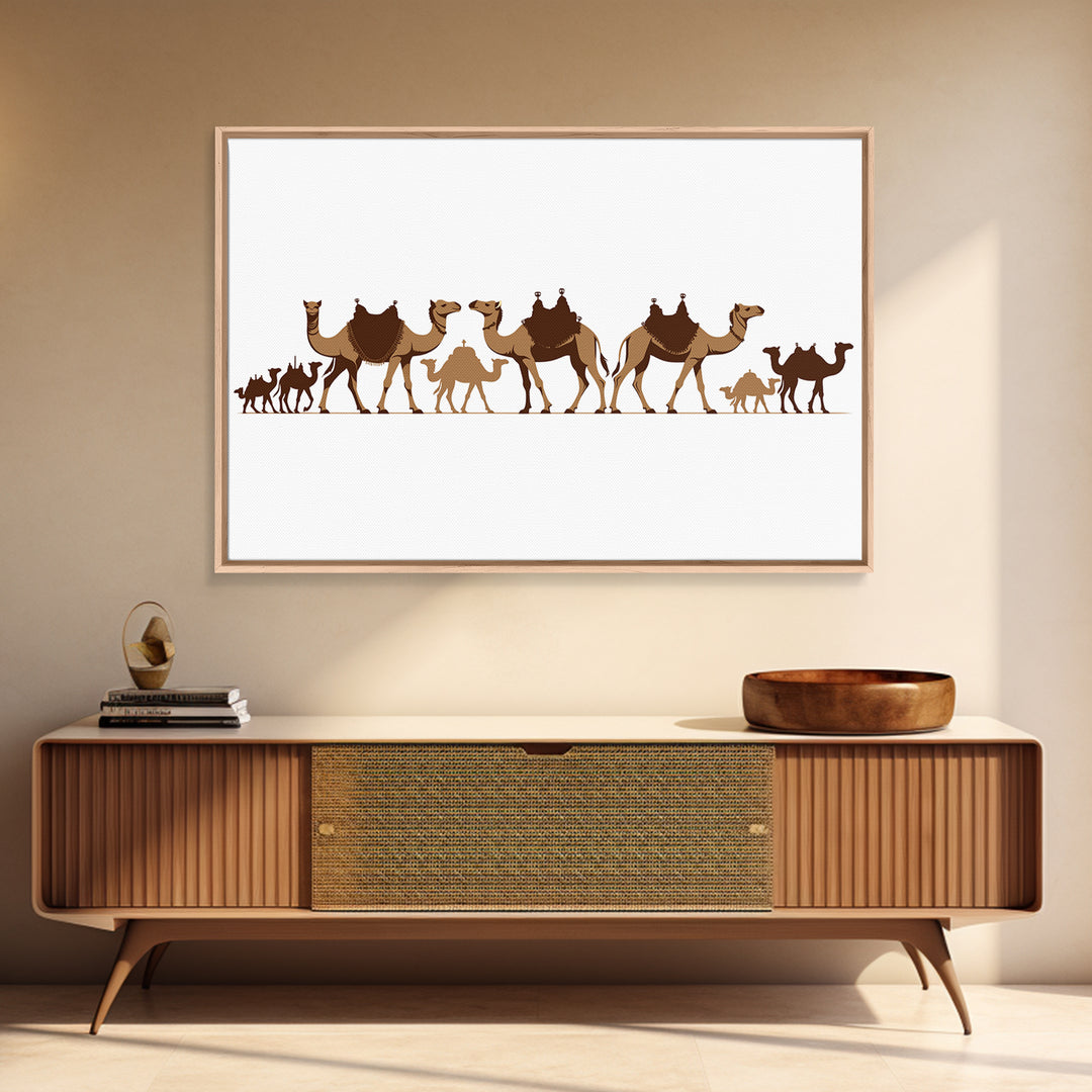 Minimal Camel Caravan Silhouette On White, Framed Canvas Print, African Desert Wall Decor, Neutral Safari Art Gift For Living Room