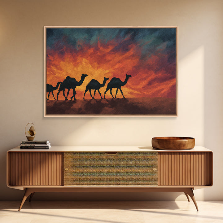 Fiery Sunset Camel Caravan Silhouettes, Canvas Print, African Safari Wall Art, Burnt Orange Desert Decor For Living Room