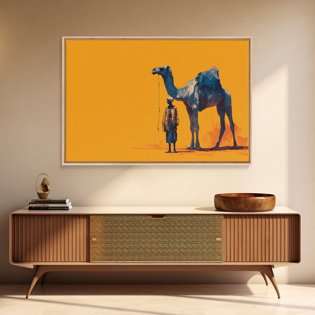 Blue Camel And Tuareg Traveler On Orange, African Wall Art, Minimalist Desert Portrait, Unique Canvas Gift For Him, Home Decor