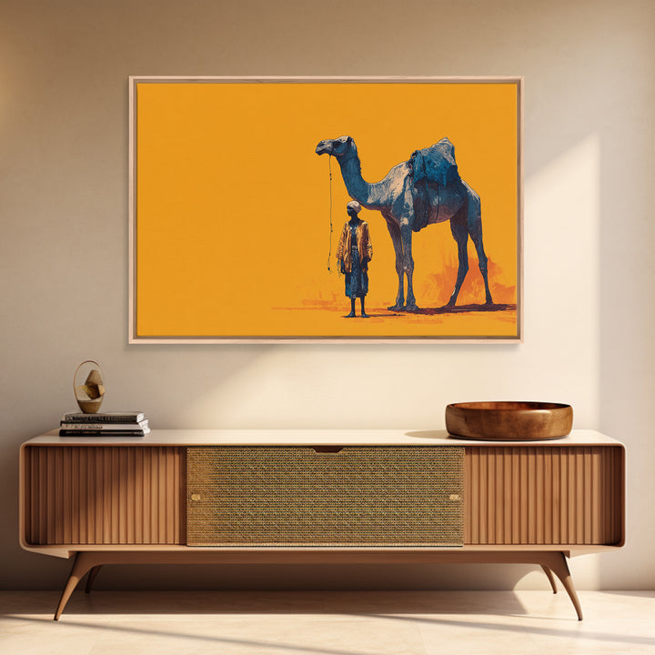 Blue Camel And Tuareg Traveler On Orange, African Wall Art, Minimalist Desert Portrait, Unique Canvas Gift For Him, Home Decor