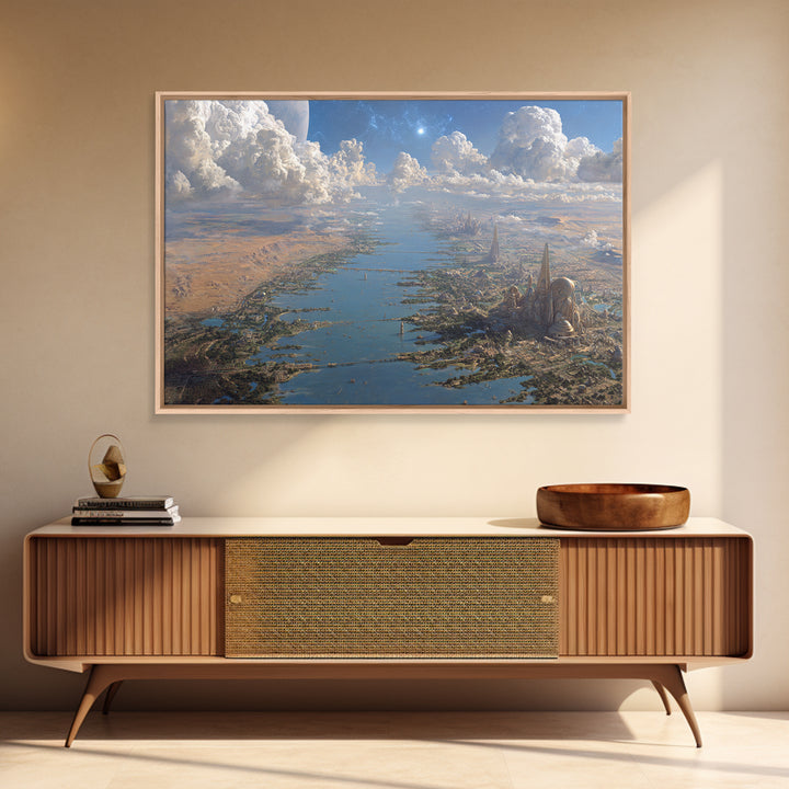 Futuristic Nile River City Canvas Print, African Landscape Sci Fi Wall Decor, Dreamy Blue Desert Skyline Home Decor Art Gift