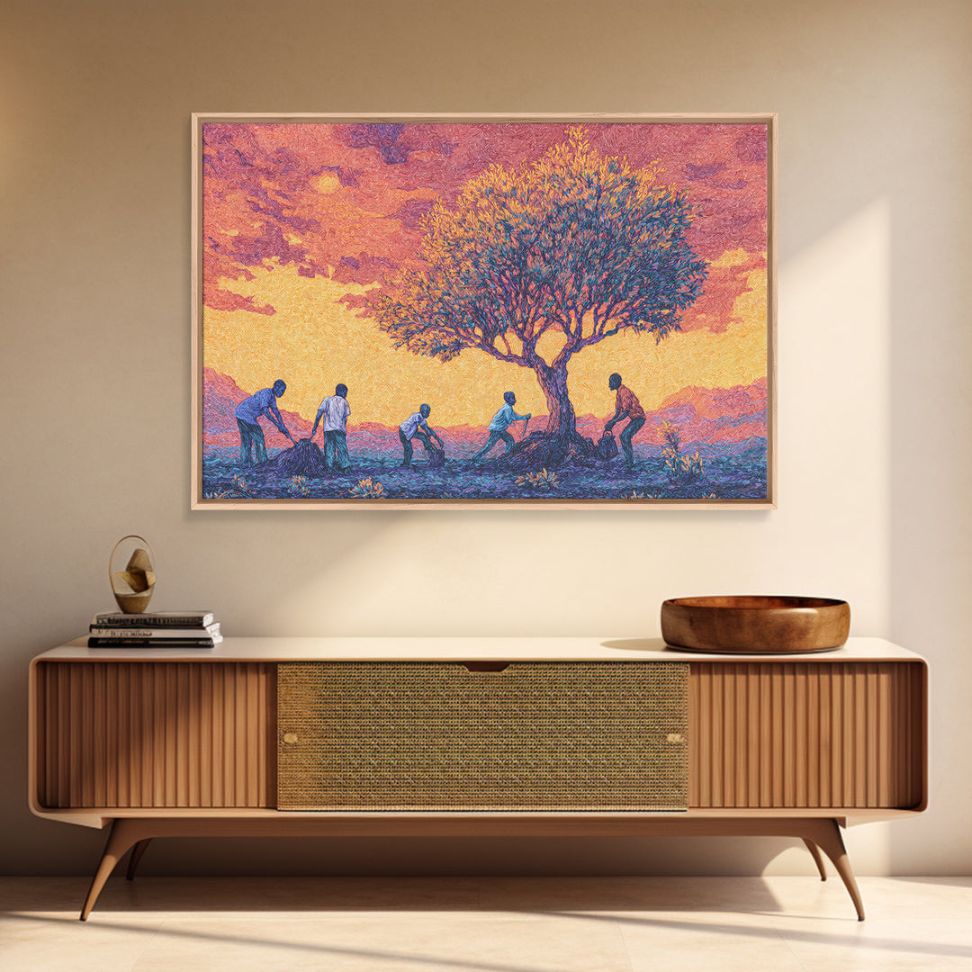 Sunset Acacia Harvest Framed Canvas Print, African Landscape Wall Art, Warm Orange Cultural Safari Decor For Home And Office