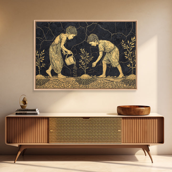 Gold Etched Children Planting Canvas Print, African Culture Art, Black And Gold Farm Scene Wall Decor For Meaningful Gift