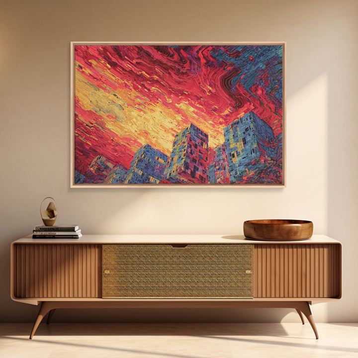 Fiery City Skyline Canvas Print, Modern Urban Wall Art, Bold Red Sunset Architecture Decor For Office Living Room Statement Decor