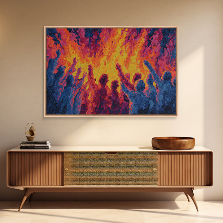 Celebration Around Fire Wall Art, Vibrant African Inspired Abstract, Festival Dance Canvas Print For Bold Cultural Decor